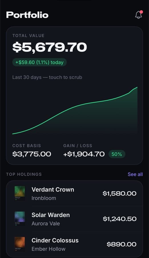 Stocked Up portfolio screen showing a collection's total value, a 30-day value chart, cost basis, gain and top holdings